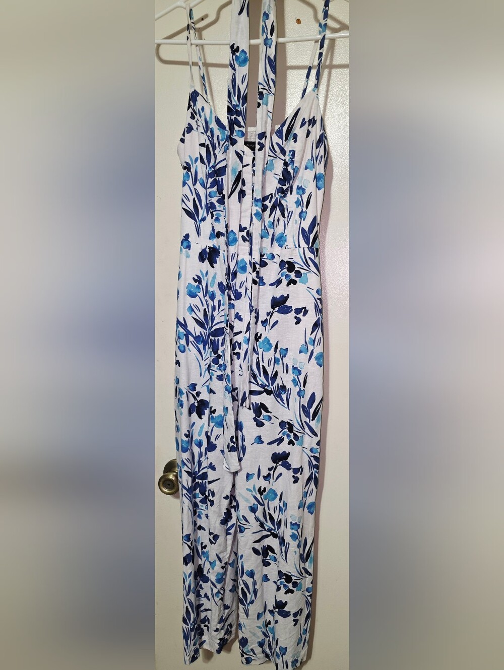 Banana Republic White Jumpsuit with Blue Floral Pattern, Size 2. In GUC.